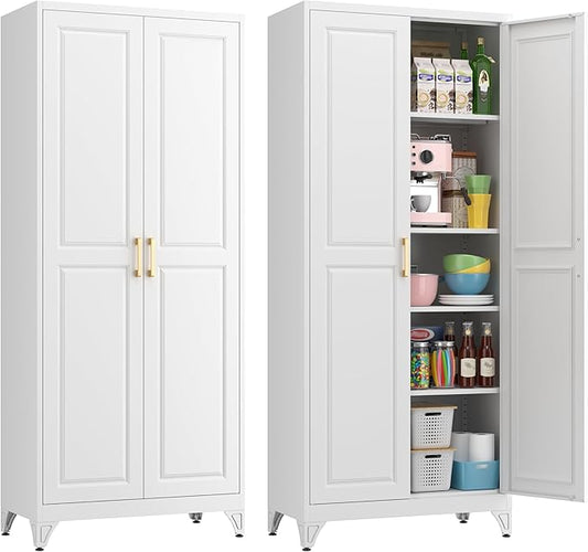 75" Kitchen Pantry Cabinet, White Metal Storage Cabinets with 2 Doors and 4 Adjustable Shelves, Tall Pantry Storage Cabinet for Kitchen, Dining Room, Living Room
