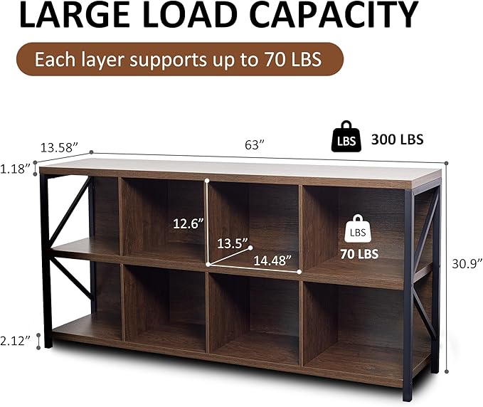 8 Cube Storage Organizer Bookshelf, Industrial Horizontal Bookcase, Accent Cubby Shelf, Media Console Table for Living Room, Home Office, 63 Inches, Brown Walnut