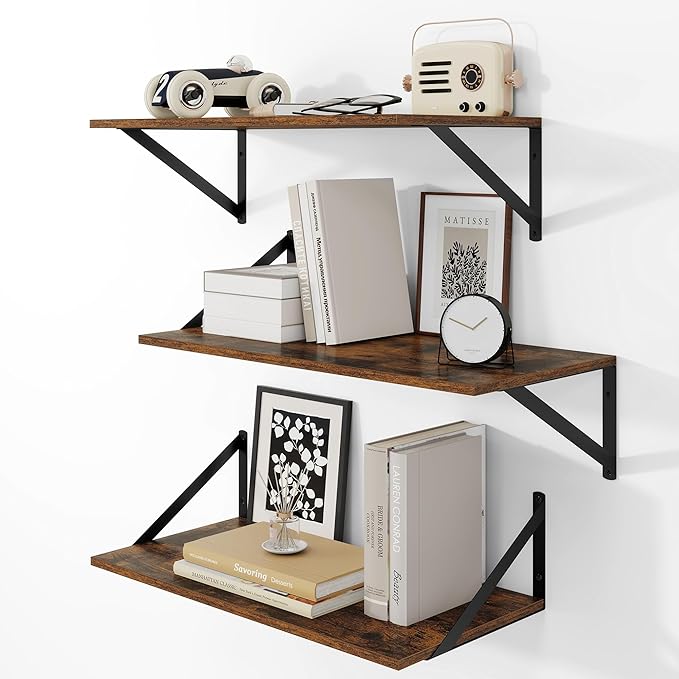 Heimlove 24" W x 12" D Wall Shelves for Books, 12 Inch Deep Floating Shelves Set of 3, Wide Floating Bookshelf with Metal Bracket for Living Room, Kitchen, Office, Bedroom and Decor - Rustic Brown