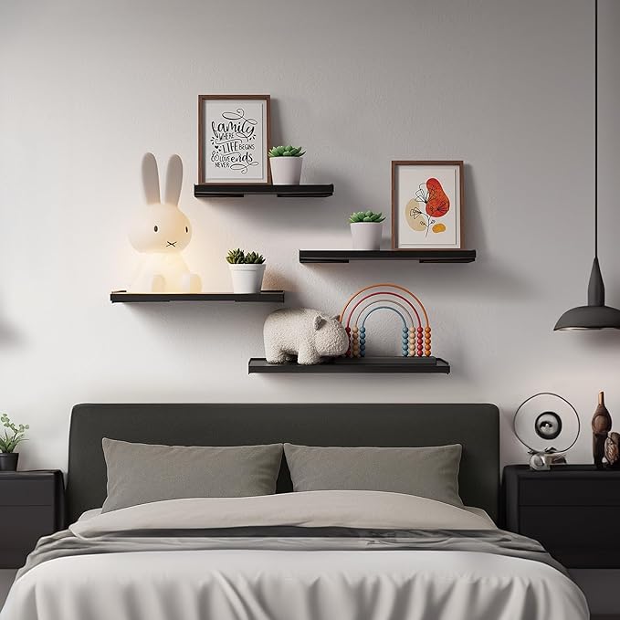 BAYKA Wall Shelves for Bedroom Decor, Floating Shelves for Wall Storage, Display Mounted Rustic Wood Shelf for Books,Plants,Corner Shelves for Bathroom,Kitchen,Living Room(Set of 4)