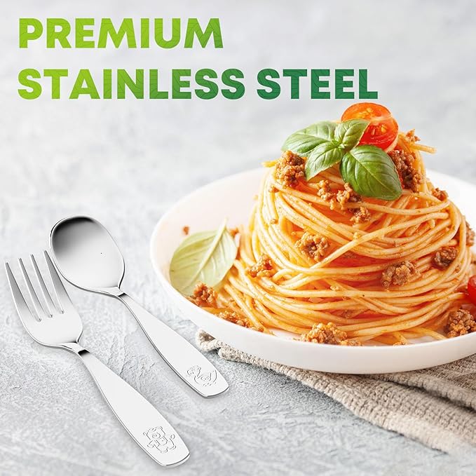 8 Pieces Toddler Utensils, Kids Stainless Steel Silverware Set - 4pcs Forks and 4pcs Spoon, Cute Children Flatware Sets with Mirror Polished, Self Feeding Safe, Dishwasher Safe