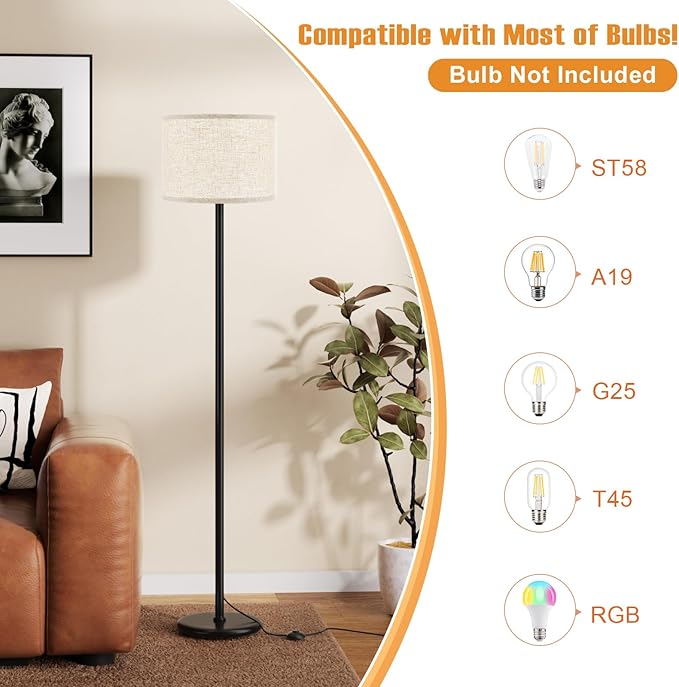 Ambimall 60'' Modern Floor Lamp Set of 2, 2PK Tall Lamps for Living Room Bedroom, Beige Shade with Black Pole(Without Bulb)