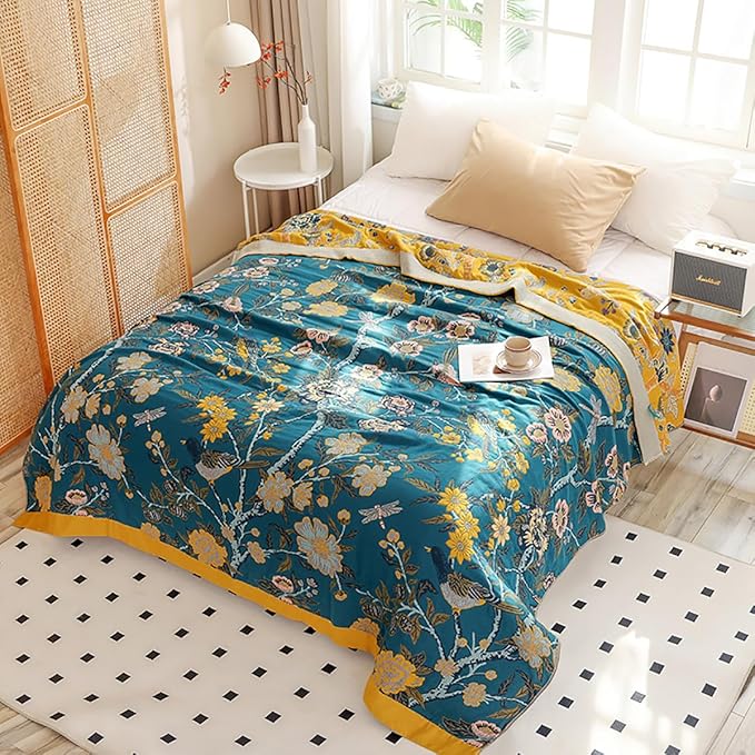 Boho Muslin Blanket for Adults 4-Layer Gauze Twin Size Soft Cozy 100% Cotton Summer Cooling Blanket Floral Decor for Sofa Bed Coverlet Both Sides (Flowr Branch Teal, Twin 60 x 80 in)