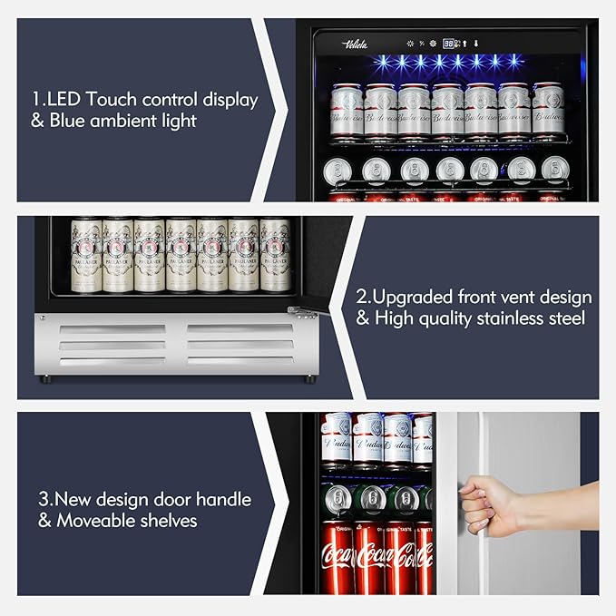 24 Inch Outdoor Beverage Refrigerator Cooler,Stainless Steel Wide Refrigerator for 210 Cans,Fit Perfectly for 24" Space Built-in Counter or Freestanding with powerful and quiet cooling system