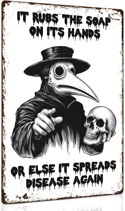 ALKB Halloween Bathroom Decor 8 x 12 Inch - Goth Plague Doctor Metal Tin Sign,Gothic Lovers Gifts,IT RUBS THE SOAP ON ITS HANDS