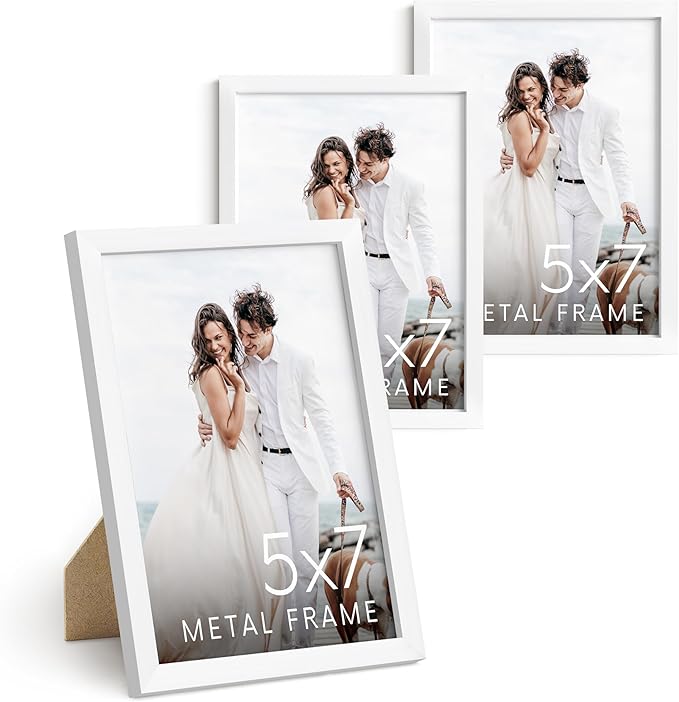 HAUS AND HUES 5x7 White Metal Picture Frames - Photo Frames 5X7 - Features Premium Aluminum, Vertical Hanging, Easel Back for Tabletop, Home, Office (5x7 in, White, Set of 3)