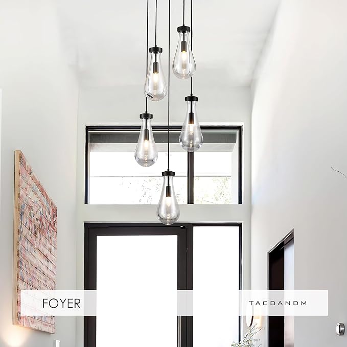 5-Light Raindrop Pendant Light Fixtures, Black Glass Pendant Lighting, Teardrops Modern Hanging Light for Entryway Foyer Kitchen Island Dining Living Room Hallway