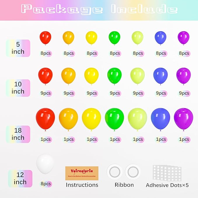 134pcs Rainbow Balloon Arch Kit Different Sizes 18" 12" 10" 5" Assorted Color Latex Balloon Garland Arch Kit for Birthday Baby Shower Graduation Wedding Gender Reveal Party Decorations