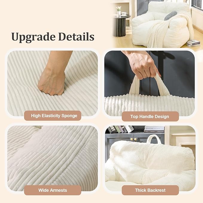 Bean Bag Chair for Adults - Faux Fur, Fluffy and Comfy with Filler, Big Sofa for Reading, Gaming (Beige, Oversize)