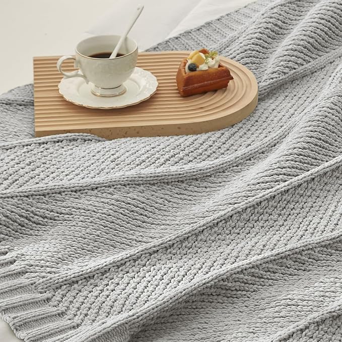 Amélie Home Chenille Knit Throw Blanket for Couch, Chevron Texture Decorative Soft Blanket for Sofa, Bed & Chair, 60"x80", Light Grey