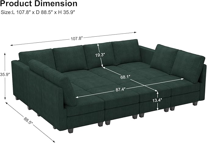 Belffin Oversized 12 Seat Modular Sectional Sleeper Sofa Convertible Sleeper Sectional Sofa with Storage Seat Large Corduroy Modular Couch for Living Room Green