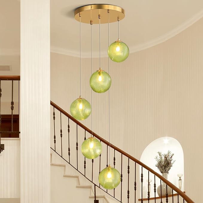 5-Light Chandelier, Globe Green Glass Flush Mount Pendant Light,15W Ceiling Hanging Light for Staircase Foyer Entryway Living Room Hotel Kitchen Island（3000K,G9 Bulbs Include）