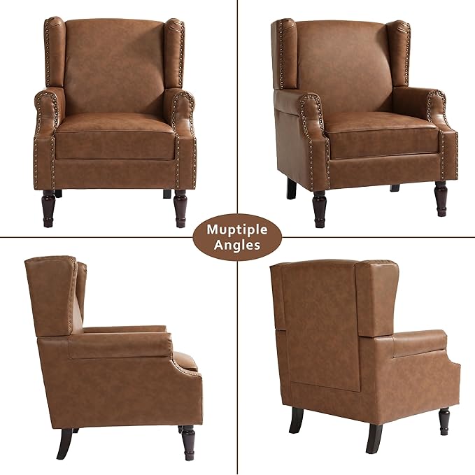 Accent Chair, Faux Leather High Back Armchair or Living Room, Comfy Upholstered Single Sofa Reading Chair with Solid Wood Legs for Office, Bedroom, Waiting Room-Brown