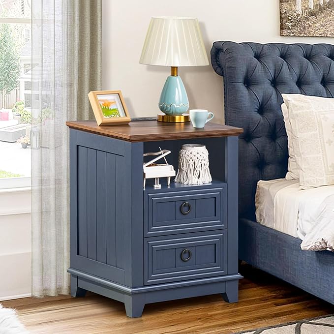 18" Farmhouse Night Stands Set of 2 with Charging Station, 2 Drawers End Table Dresser for Bedroom, Blue Wooden Nightstand, Bed Side Table with Open Shelf, Bedside Cabinet for Living Room