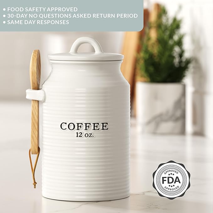 Barnyard Designs Coffee Canister for Kitchen Counter, Decorative Ceramic Coffee Container, Rustic Farmhouse Canister Jar, White (Coffee)