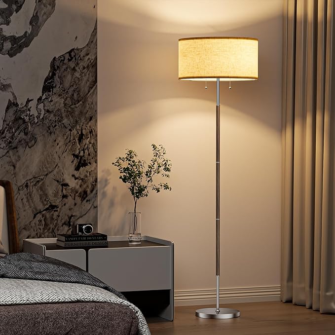 2-Light Floor Lamp, Mid Century Floor Lamp with Beige Lampshade, Standing Lamp Tall Lamp for Living Room Bedroom, 3 Color Temperatures 9W Bulb Include