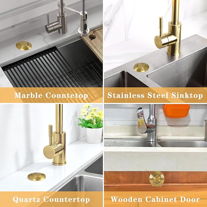 BESTILL Garbage Disposal Button, UL Listed, Cordless Sink Top Air Switch Kit for Waste Disposal, 3.6" Long Push Button with Brass Cover, Brushed Titanium Gold/Brushed Brass