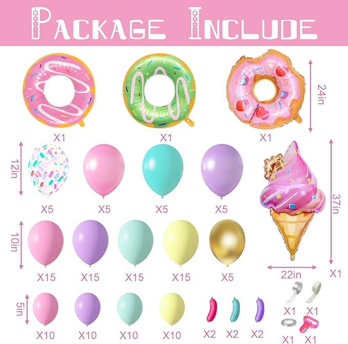 Amandir 139pcs Pastel Donut Balloon Arch Garland Kit Sweet One Ice Cream Birthday Party Decorations Sprinkles Confetti Pastel Balloons for Donut Grow Up Girl Baby Shower Spring Party Supplies