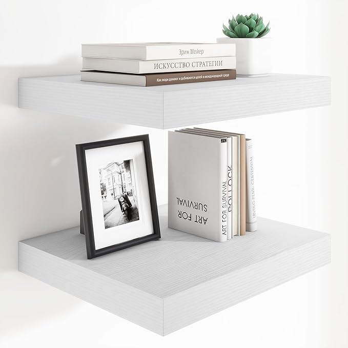 Heimlove 12 Inch Deep Floating Shelves, 16 x 12 inches Long Wall Shelf, Large Extra Display Shelf & Storage Shelf, Rustic Wood Wall Shelves for Fireplace Mantel, White - 2Pack
