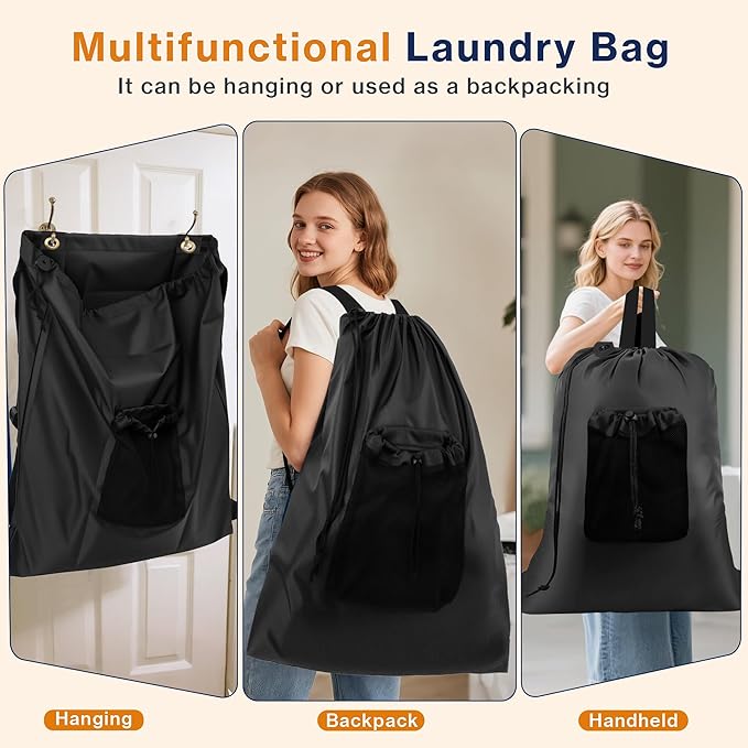 2-Pack Backpack Laundry Bags, Heavy Duty Laundry Bag Backpacks with Adjustable Shoulder Straps, Door Hanging Washing Bag, Laundry Hamper Lining for College Dorm, Travel, Laundromat