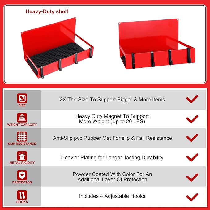 3 Pack Magnetic Garage Organizer Spice Rack for Refrigerator - 20 lb Capacity Shelf Hanging Heavy Duty Fridge Side for Organize Garage Tools, Red