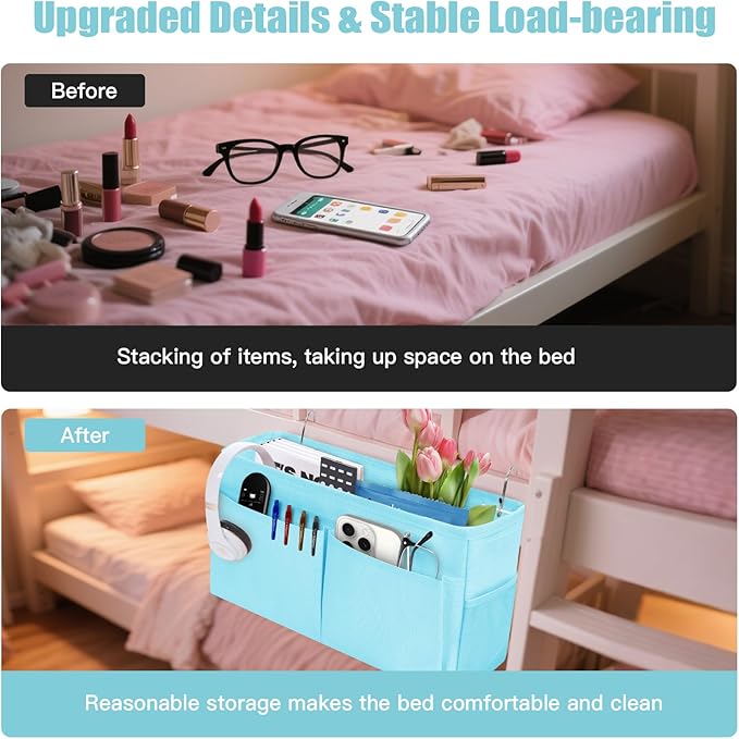 Bedside Caddy Organizer with Fixed Straps, Bunk Bed Caddy ideal for Home, Bunk Bed, Dorm, Hospital, Crib, Versatile Bedside Storage Solution (Blue)