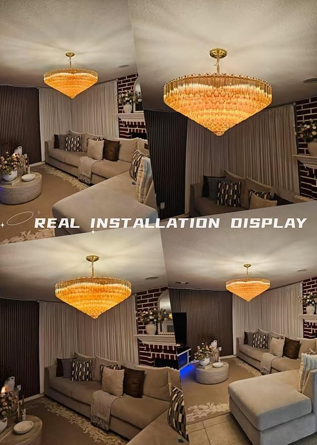 30" Modern Dining Room Chandeliers, 13-Light Amber Crystal Chandeliers, Dimmable Blown Glass Chandelier for Living Room, Round Glod Large Chandelier for High Ceiling, Bedroom, Entryway, Staircase