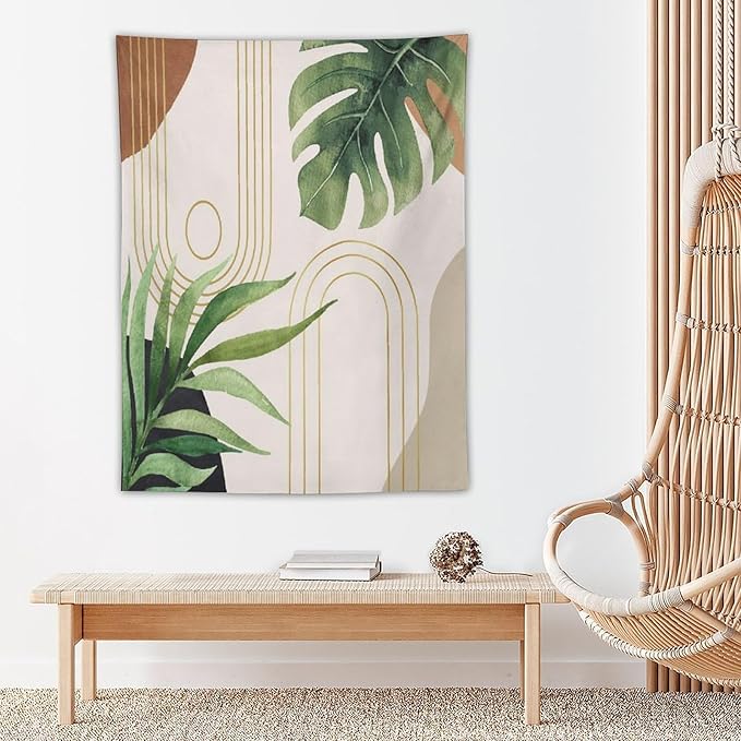 Abstract Boho Tapestry, Mid Century Tropical Tree Leaves Modern Geometric Arch Bohemian Botanical Tapestry, Home Aesthetic Wall Hanging Art Decor for Living Room Bedroom Dormitory 50x60 Inch