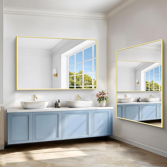 40x60inch Gold Bathroom Mirror, Gold Rectangle Mirror with Frame, Large Rectangular Wall Mirrors for Bathroom, Living Room, Hair Salon, Big Farmhouse Mirror Hang Horizontal/Vertical