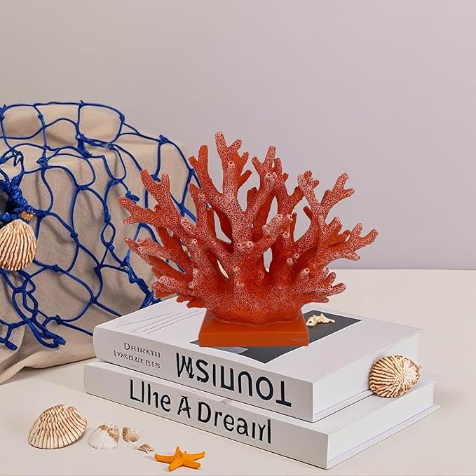 5.8" H Red Orange Coral Decor - Resin Coral Statue, Nautical Decor for Home, Bedroom, Bathroom, Living Room, Ocean Themed Cabinet Shelf Tabletop Decoration