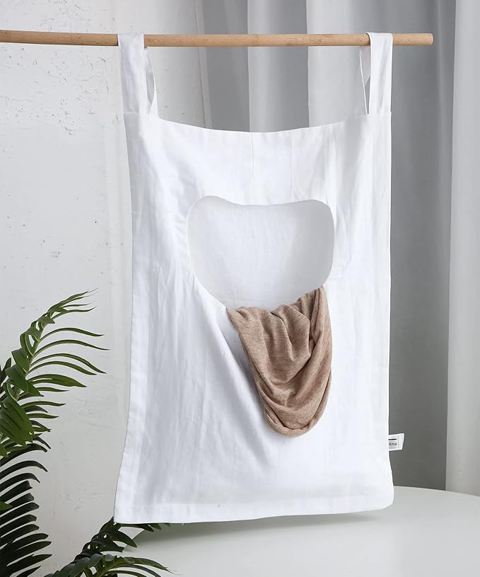 Amazhiyu 100% Linen Door Hanging Laundry Hamper Bag, 19x27 Inches (White)
