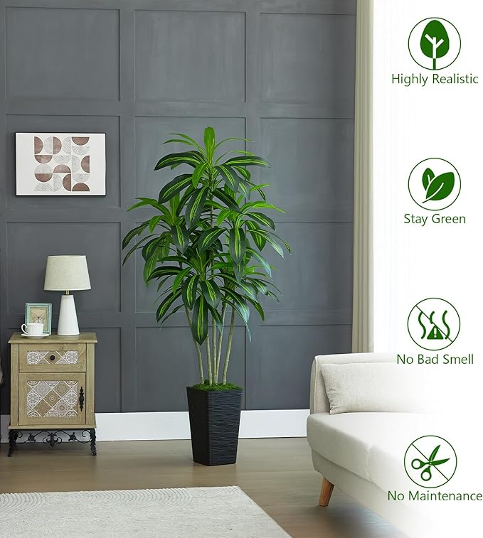 Artificial Dracaena Tree Artificial Silk Tree Faux Tree with White Tall Planter Fake Tropical Yucca Floor Plant (1, White Tall Planter, 6 FT)