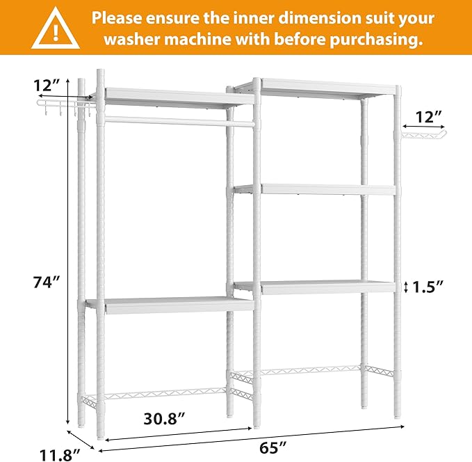 CABIHOME 5-Tier Over-The-Washer Shelf - Adjustable Height Laundry Organizer Space Saver, Double-Layer 100lb Shelves, 2 Hooks for Bathroom/Balcony (White)