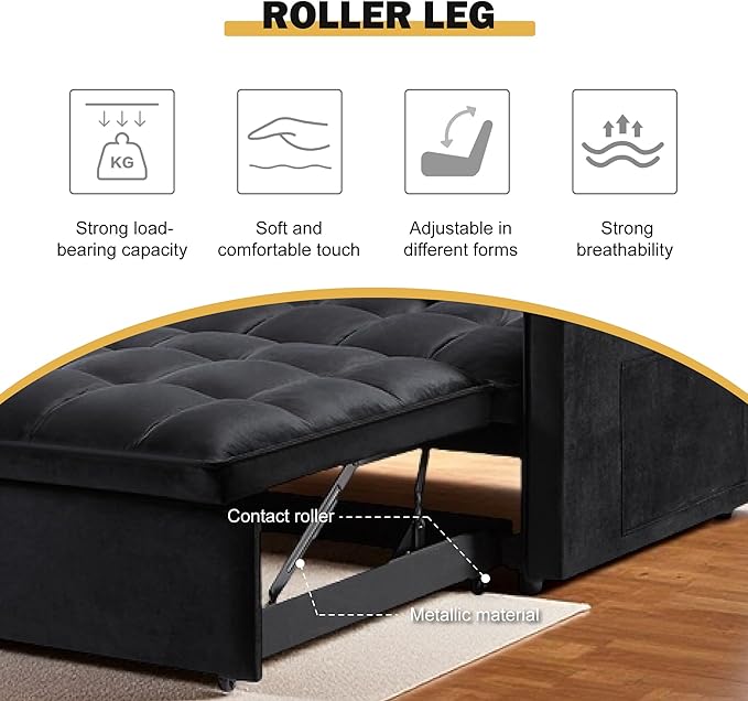 3 in 1 Convertible Sleeper Sofa Bed, Velvet Pull Out Sofas Beds with Side Pocket, 54” Adjustable Backrest Futon Sofa Bed, Love Seat Sleepers Couch for Living Room, Bedroom, Small Space, Black