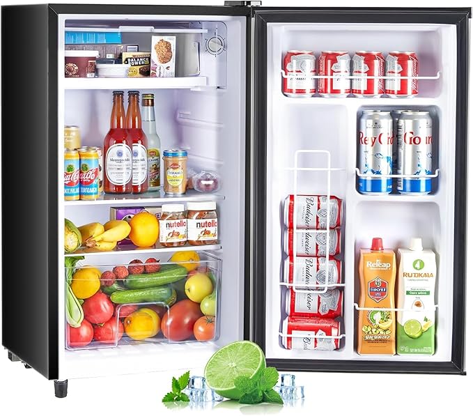 Atilioo Upgraded Mini Fridge with Freezer 3.2 Cu.Ft Compact Dorm Refrigerator Small Cooler for Bedroom Office, Single Door Adjustable Thermostat Low Noise, 17.5" D x 17.7" W x 31.5" H, Black