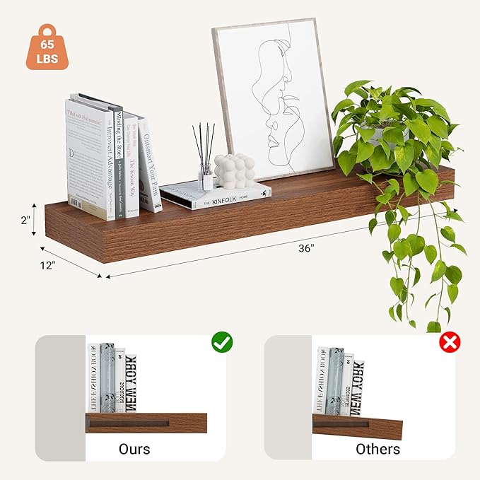 Heimlove 12" Deep Floating Shelves, 36 x 12 Inch Wall Mounted Long Floating Shelf with Invisible Brackets, for Home Decor, Bedroom, Kitchen, Living Room, Bathroom - 1 Pack, Walnut