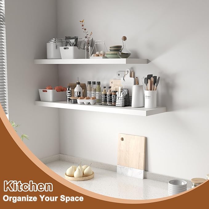 48 Inch Floating Shelf 2 Pack Large Floating Shelves for Wall No Drilling Accessories Included Deep Wall Shelves for Living Room Kitchen Farmhouse 48" W x 12" D x 1.2" White