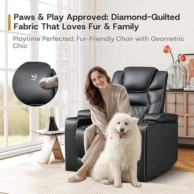 ANJ Power Home Theater Recliner Chair Set of 3, Electric Movie Theater Seating Reclining Chairs with Cup Holders for Living Room, Faux Leather with Blue LED, USB Ports, Hidden Arm Storage (Black)