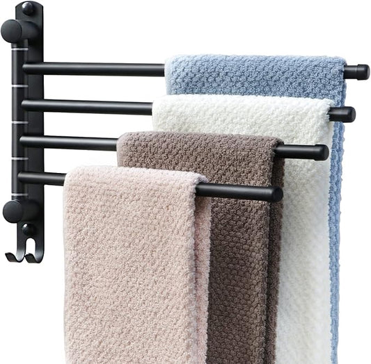 Black Towel Rack JSVER Swivel Towel Rack Wall Mounted, SUS304 Stainless Steel Towel Bar, 4 Arms Space Saving Towel Holder, Towel Racks for Bathroom