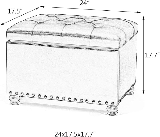 24'' Leather Storage Ottoman Rectangular Foot Rest Stool with Nailhead Trim for Bedroom Living Room(Dark Brown)