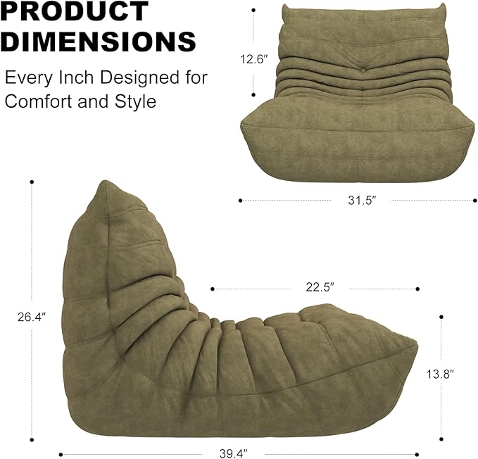 Bean Bag Chair for Adults, Bean Bag Sofa - Adult Size with Soft Waterproof Fabric for Living Room, Apartments, Reading Corner, Gaming, and Movie Venue (Olive Green)