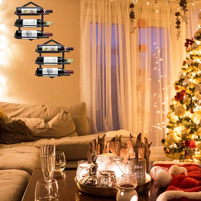 2Pcs Wall Mounted Wine Stemware Rack, Metal Hanging Wine Glass Display Holde Holds 3 Bottles, Elegant Storage for Kitchen Dining Room Bar Wine Cellar