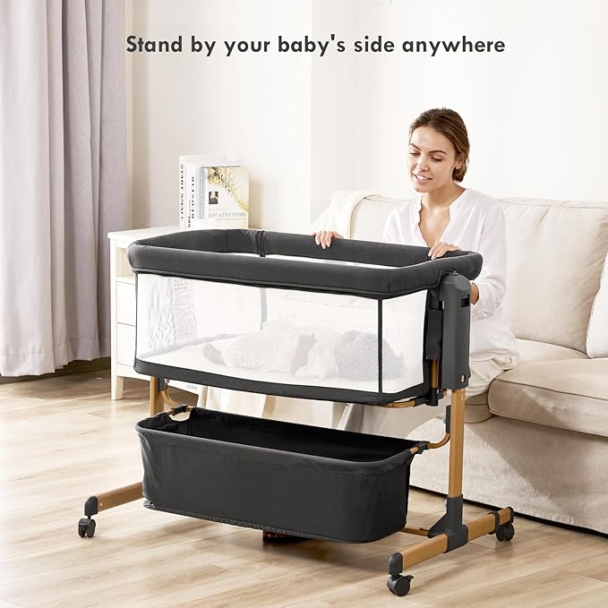 Baby Bassinet Bedside Sleeper,3-in-1 Rocking Bassinet for Baby with 6-Level Height Adjustable, 4 Wheels & Breathable Mesh Walls, Portable Bedside Crib with Mattress for Newborn