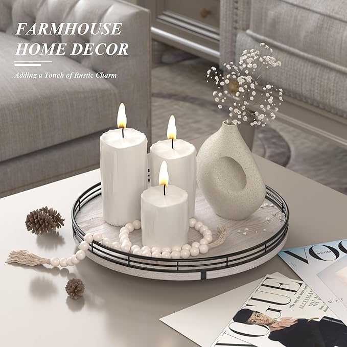 12" Farmhouse Lazy Susan for Kitchen & Coffee Table Decor – Rustic Wood Tray with Black Metal Frame, Decorative Centerpiece for Dining Room, Ottoman, Living Room, Serving or Vanity Use