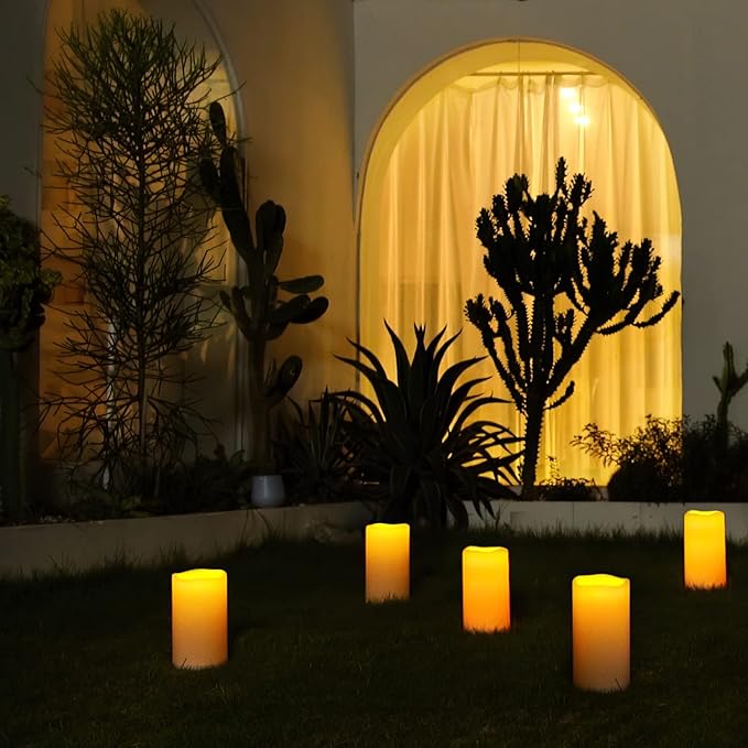5plots 4" x 8" Single Waterproof Outdoor Flameless Candles, Battery Operated Flickering LED Pillar Candles with Remote and Timers for Indoor Outdoor Lanterns, Long Lasting, Large