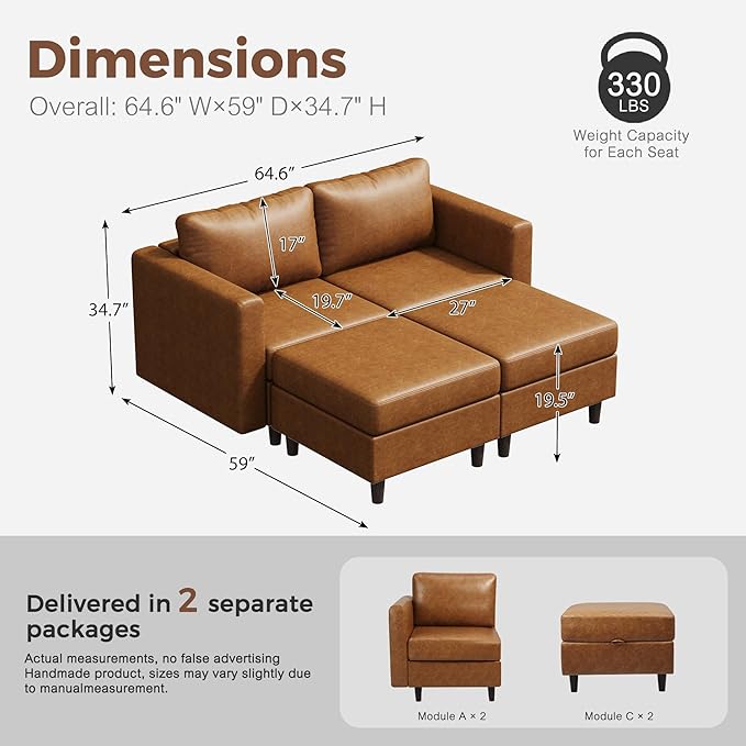 64.6" Faux Leather Loveseat Sleeper Sofa Bed with Storage Seat, Modern Modular Sectional Couch Deep Seat with Reversible Chaise 2-Seat Brown for Apartment, Living Room, Bedroom