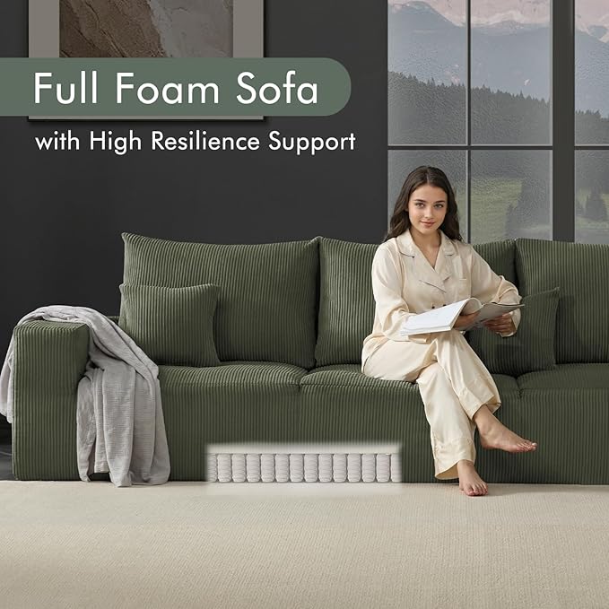 Boneless Sectional Cloud Couch Sofa for Living Room, 112" L-Shaped Modular Modern Lounge Sleeper Green Couches with Chaise, No Assemble, Cordury Compression Upholstered Sofas