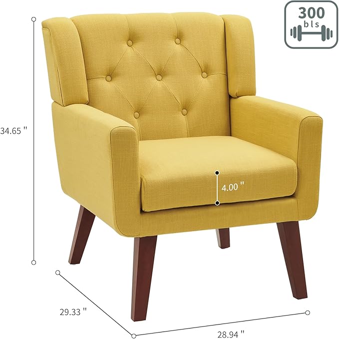 Accent Chair Button-Tufted Upholstered Living Room Chairs Comfy Reading Chair Mid Century Modern Chair with Linen Fabric Lounge Arm Chairs for Living Room Bedroom (Bright Yellow)