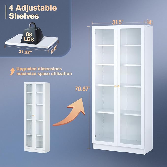 32" Wide Metal Storage Cabinet with Acrylic Doors and 4 Adjustable Shelves, 71" Tall Bookshelf, 5-Tier Freestanding Kitchen Pantry Cabinet with Anti-Tipping for Small Spaces/Kitchen/Living Room