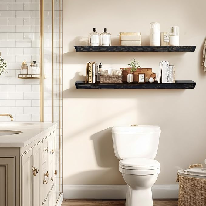 36"x6.8"x1.6" Slanted Floating Wall Shelves 2-Pack - Rustic Black Finish, Heavy-Duty Solid Wood Design with Hidden Brackets - Perfect for Living Room, Kitchen, Bathroom, or Office